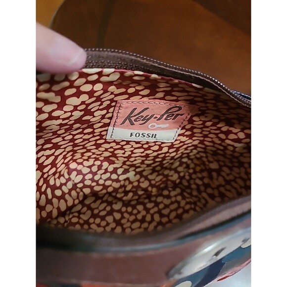 Fossil Key-Per Cosmetic Makeup Bag Ladybug Print Yellow Brown Leather Zip Pouch - Picture 6 of 8